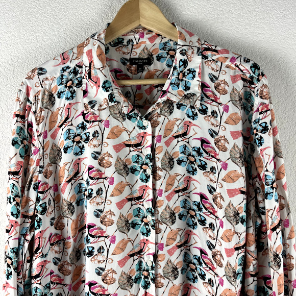 Talbots Bird Floral Print Top Womens 2X Pink Button Up Blouse Long Sleeve - Picture 2 of 12